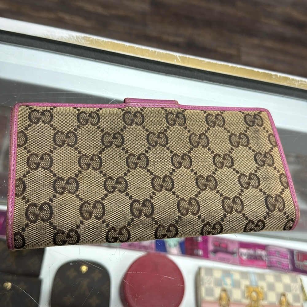 GUCCI Abbey Monogram Canvas Hot Pink Leather-Trim Long Snap Horsebit Wallet VTG - Picture 3 of 6